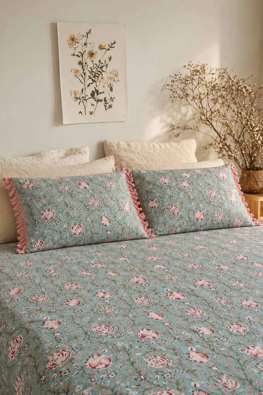 Rose Garden | King Size (9x9 Ft.) Bedsheet with 2 Large Pillows