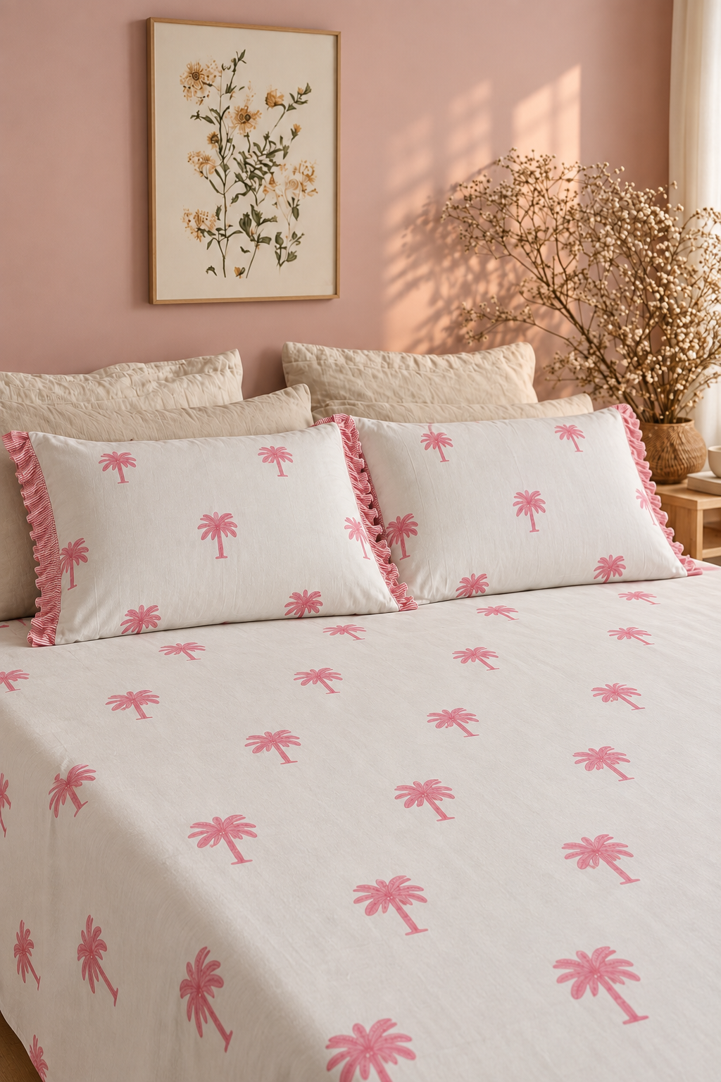 Palm Blush | King Size (9x9 Ft.) Bedsheet with 2 Large Pillows