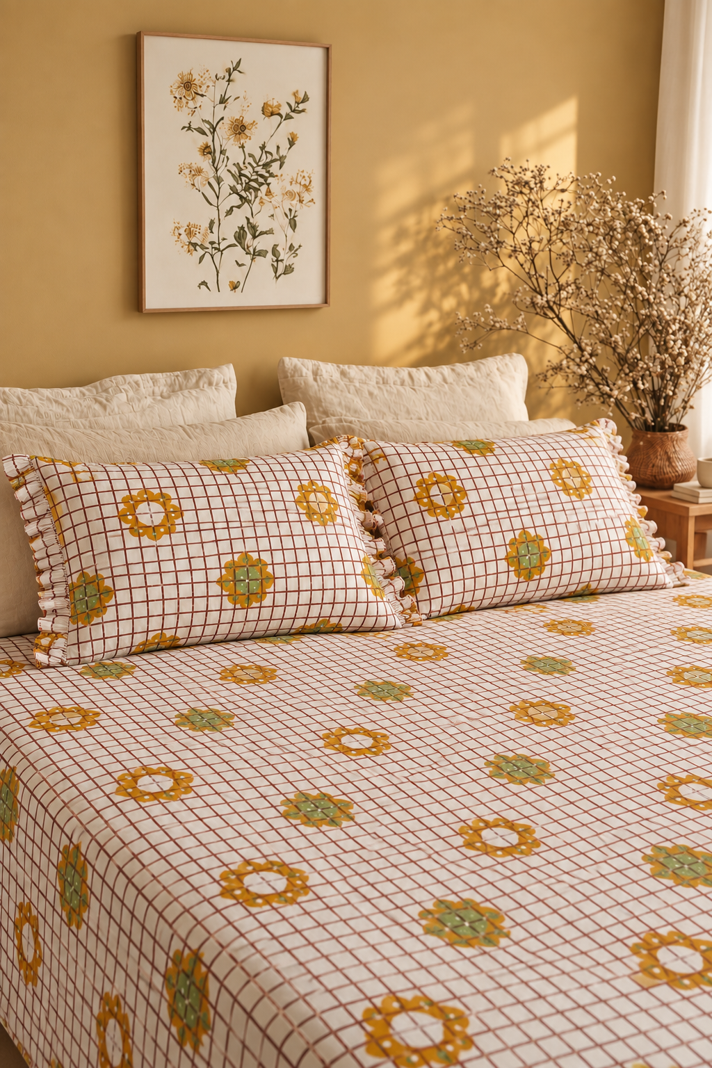 Marigold Check | King Size (9x9 Ft.) Bedsheet with 2 Large Pillows