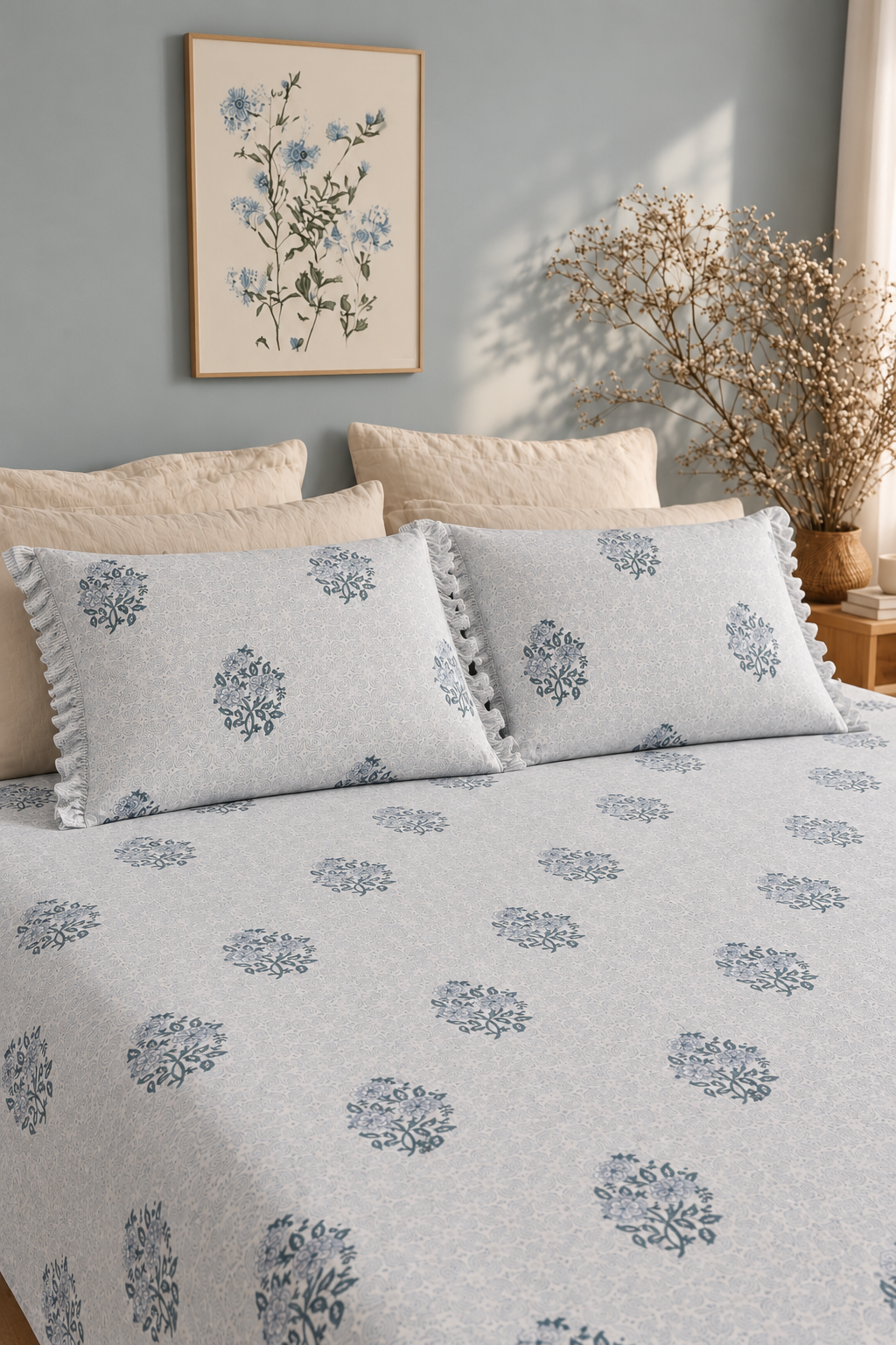 Indigo Bloom | King Size (9x9 Ft.) Bedsheet with 2 Large Pillows