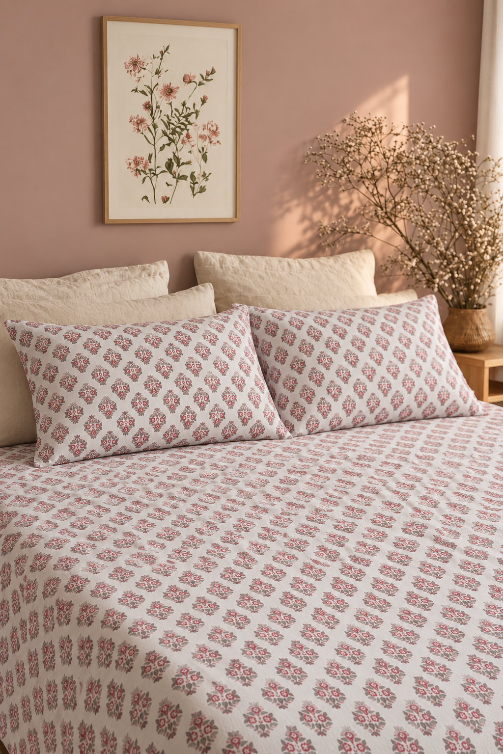 Petal Muse | King Size (9x9 Ft.) Bedsheet with 2 Large Pillows