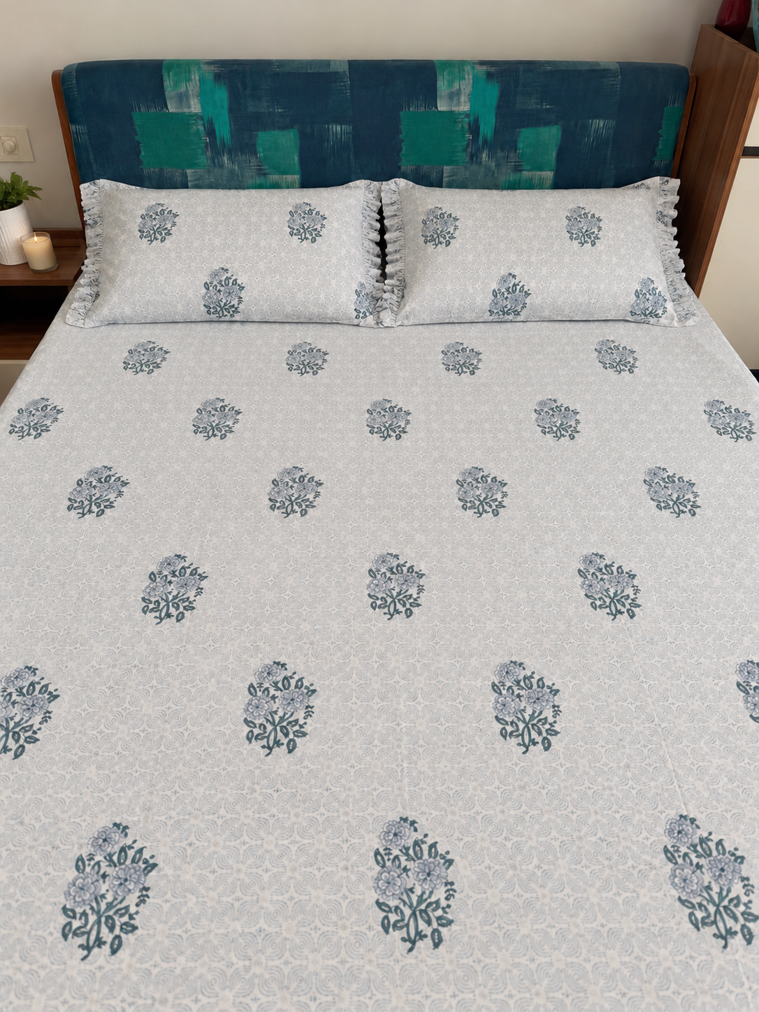 Indigo Bloom | King Size (9x9 Ft.) Bedsheet with 2 Large Pillows