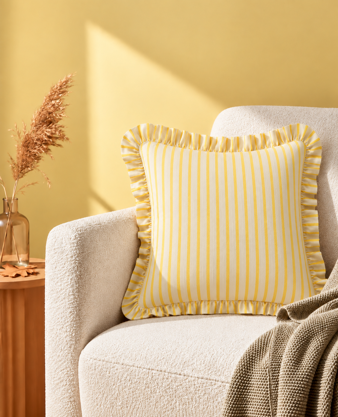 Daisy - Yellow Stripe | Hand Block Printed Cotton Cushion Cover