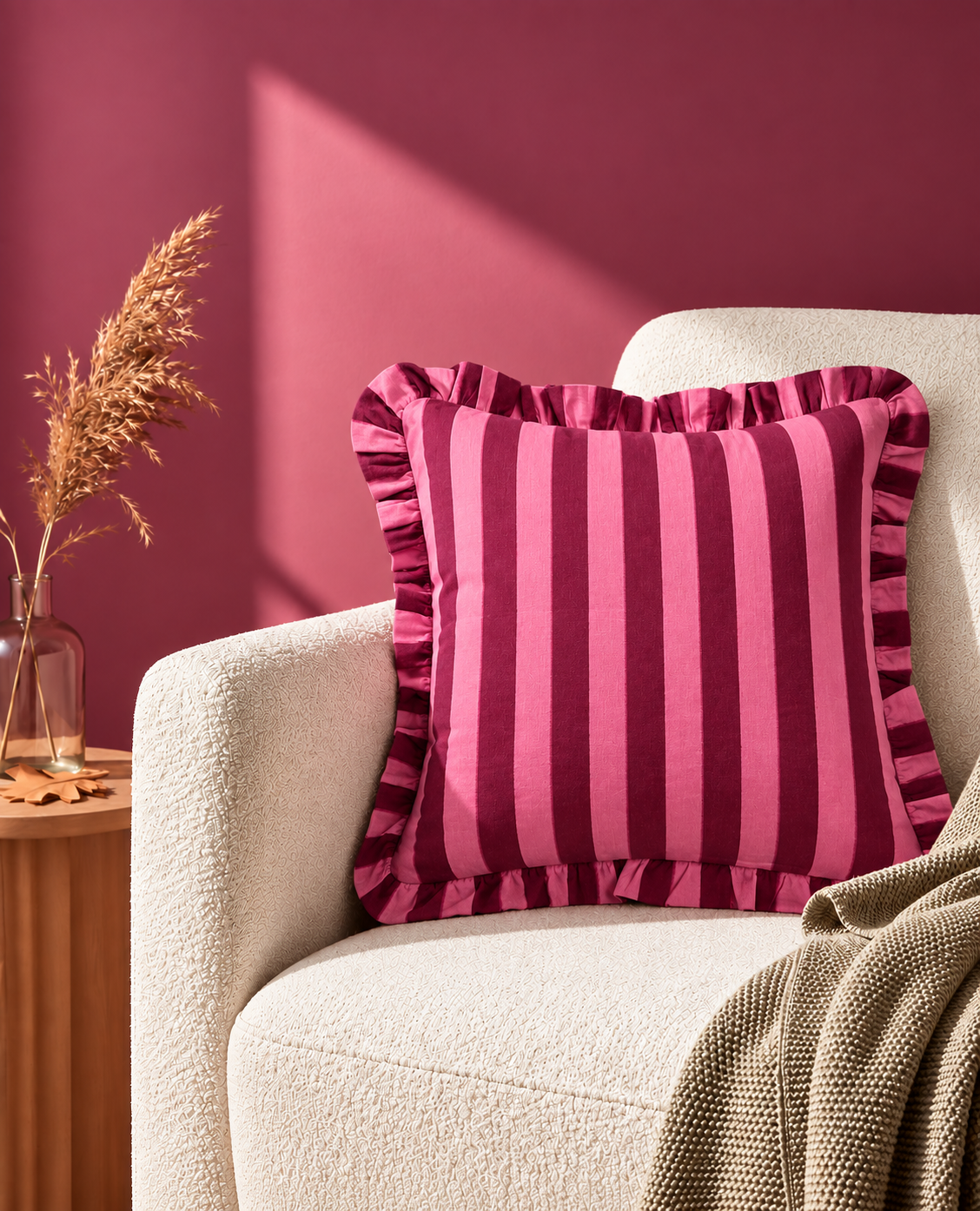 Cherry Burgundy - Pink Stripe | Hand Block Printed Cotton Cushion Cover