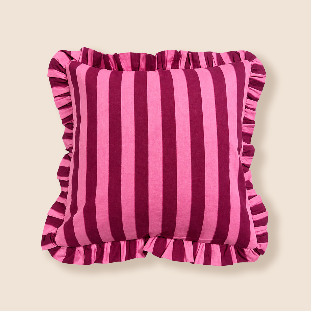 Cherry Burgundy - Pink Stripe | Hand Block Printed Cotton Cushion Cover