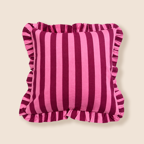 Cherry Burgundy - Pink Stripe | Hand Block Printed Cotton Cushion Cover