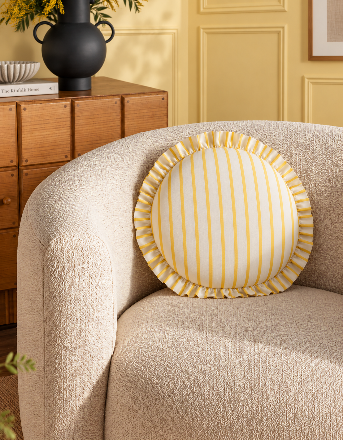 Rounded Daisy - Yellow Stripe | Hand Block Printed Cotton Cushion